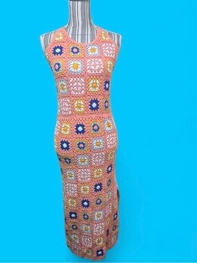 Festival boho beach vibes crochet halter maxi dress with slit